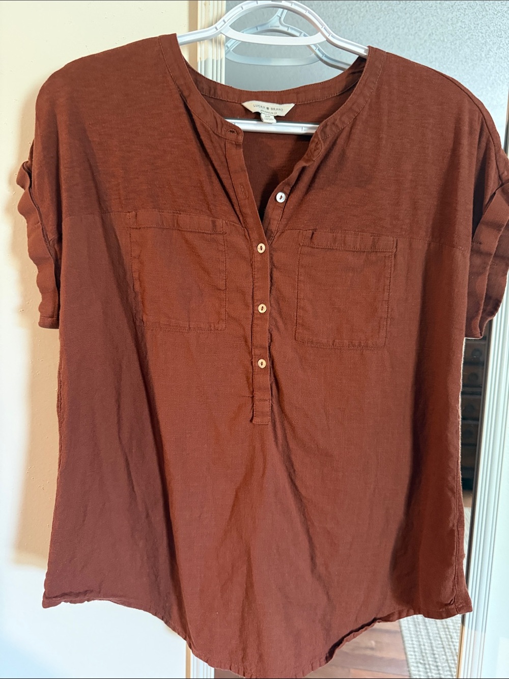Lucky Brand Rust Brown Short-Sleeve Button Henley Shirt